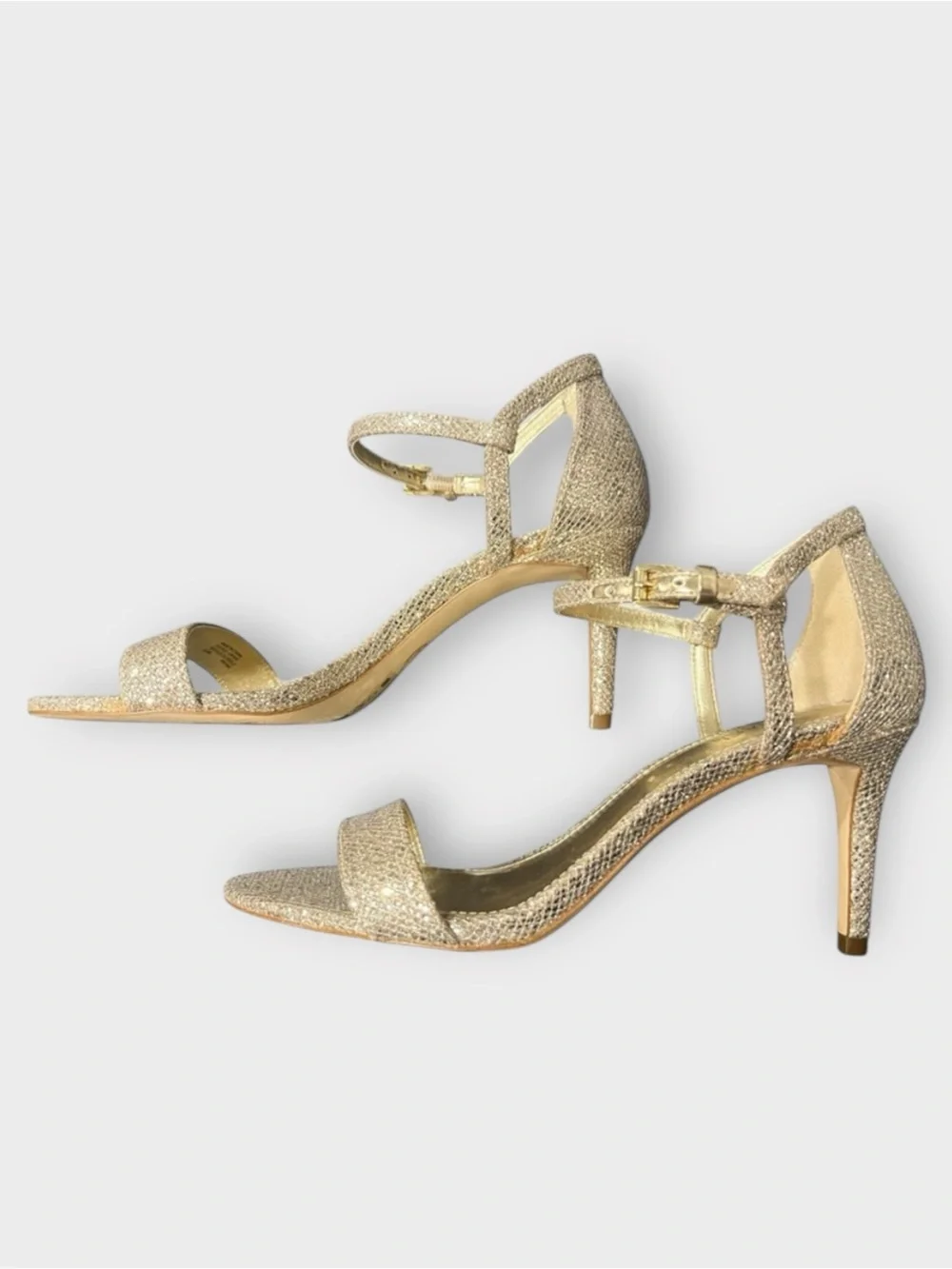 Michael Kors Gold Glitter Sandal Mid Heels Simone Ankle Strap | 6.5 Worn Once